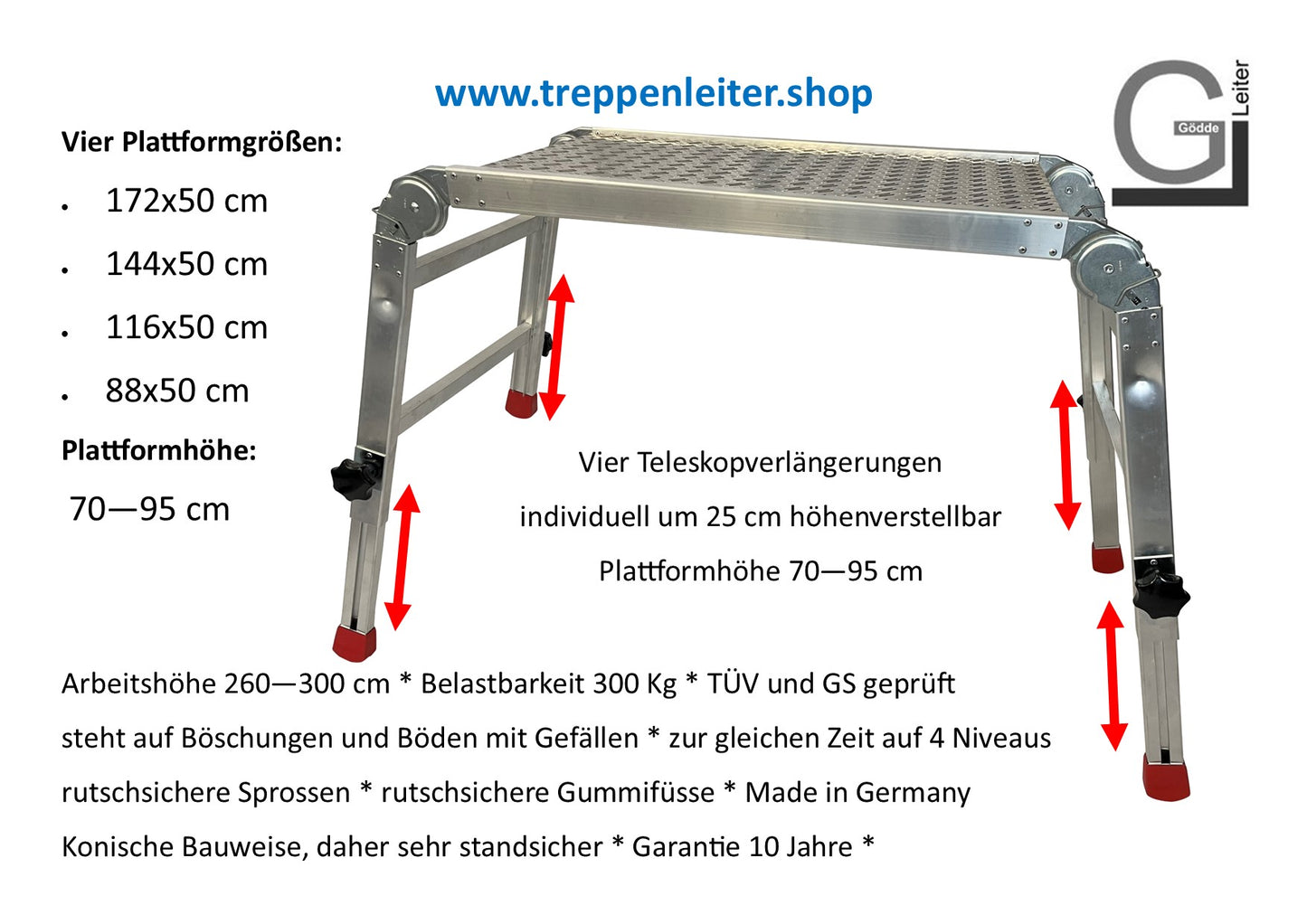 Arbeitsplattform mit verstellbaren Beinen Größe 1,72 x 0,50 m