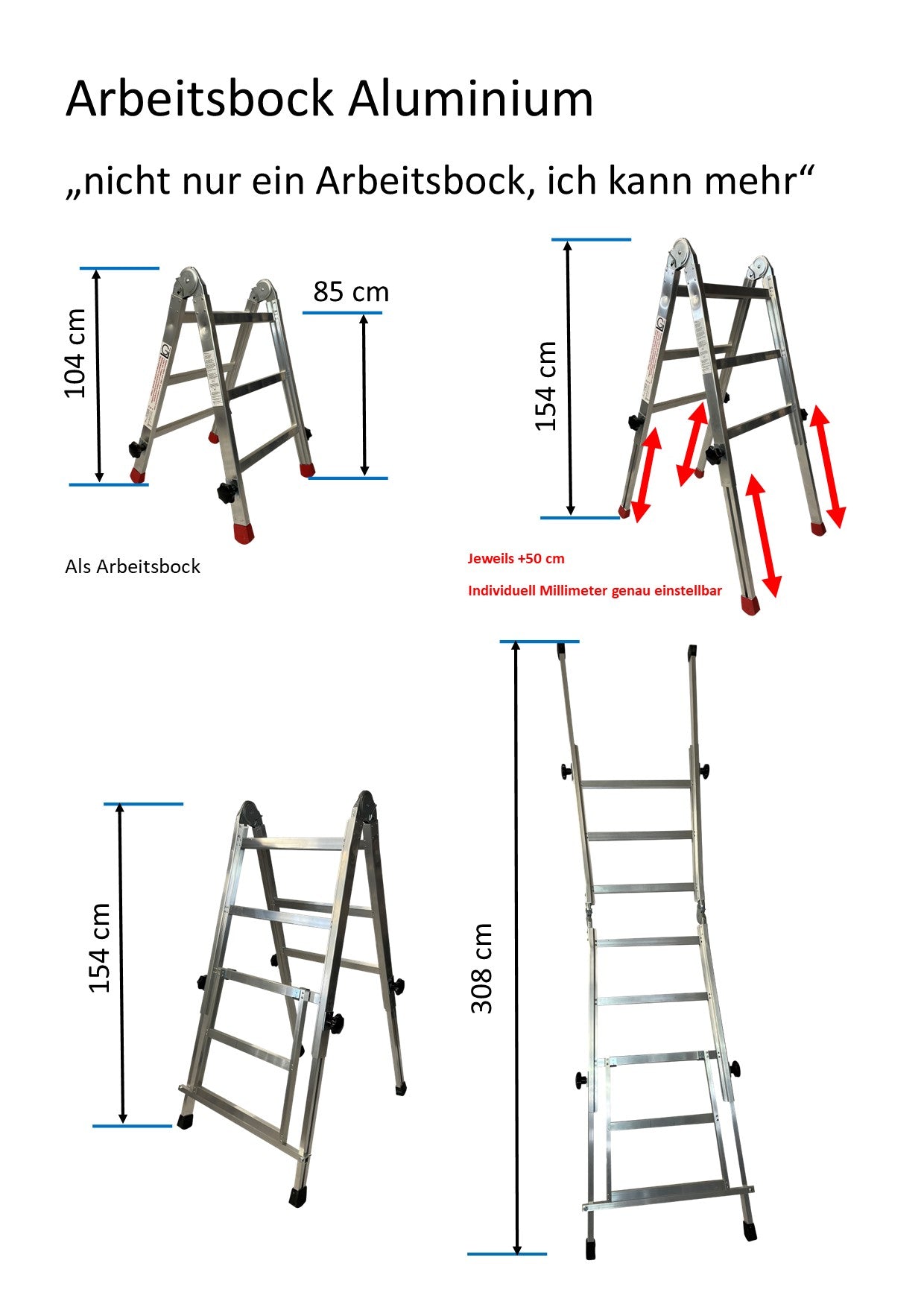 Arbeitsbock "ICH KANN MEHR" Alu mit verstellbaren Beinen mit Aufstiegshilfe